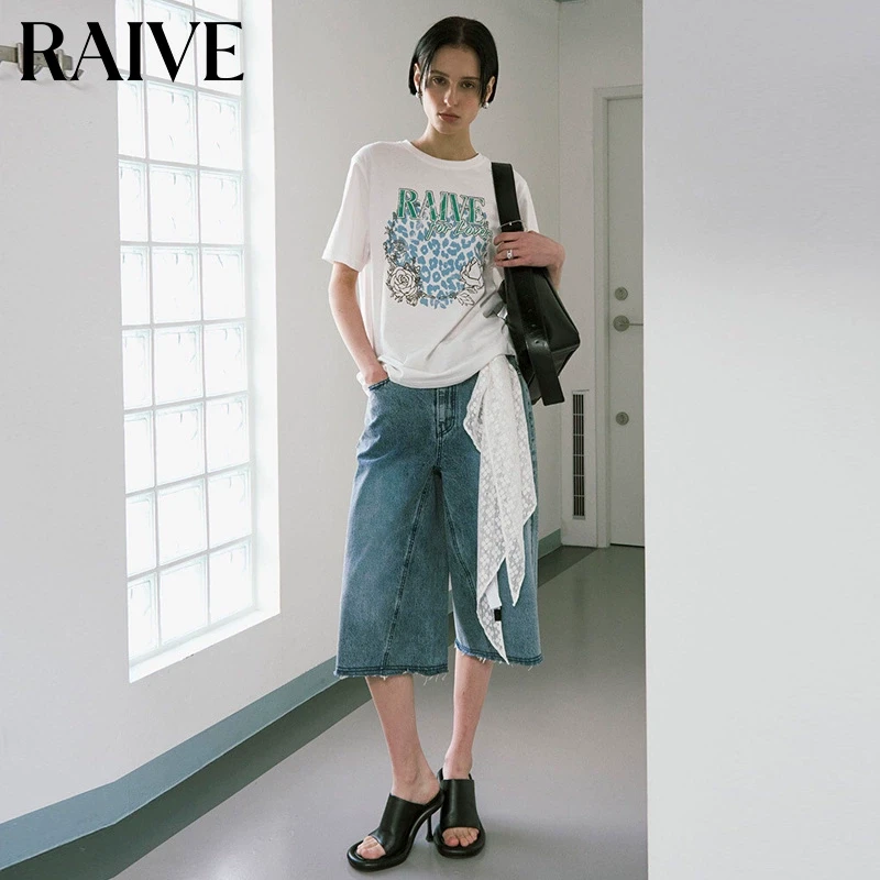 【RAIVE】2025夏季新款圆领可露丽棕色撞色印花韩系短袖通勤内搭T恤