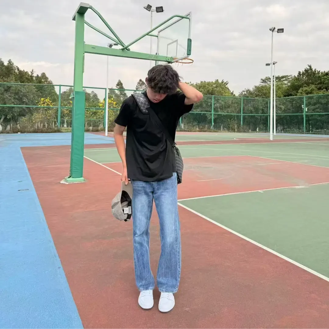 ZLYCO闪电纹冰丝蓝美式高街百搭显瘦夏微喇男Pansk同版型牛仔裤