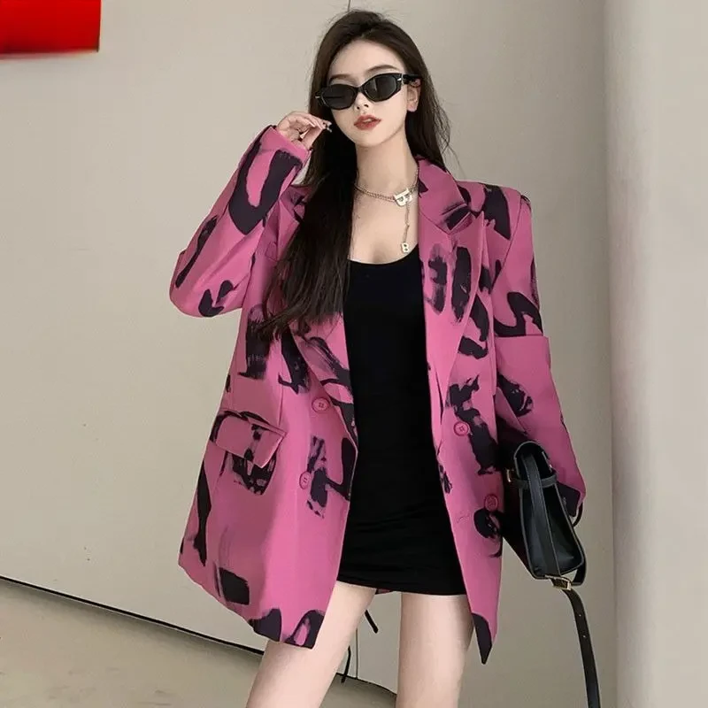 炸街小西服女春秋新款港风高级感休闲时尚字母印花西装外套潮