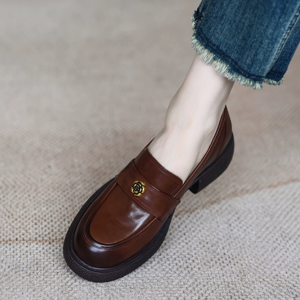 乐福鞋女2025春新款牛皮小个子英伦风圆头深口中跟厚底单鞋