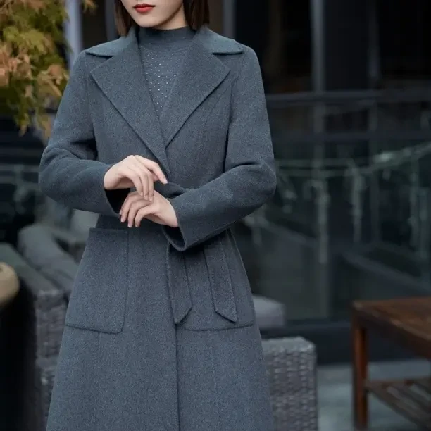 克劳西翻领双面羊绒大衣外套秋冬中长款韩版修身显瘦气质百搭女装