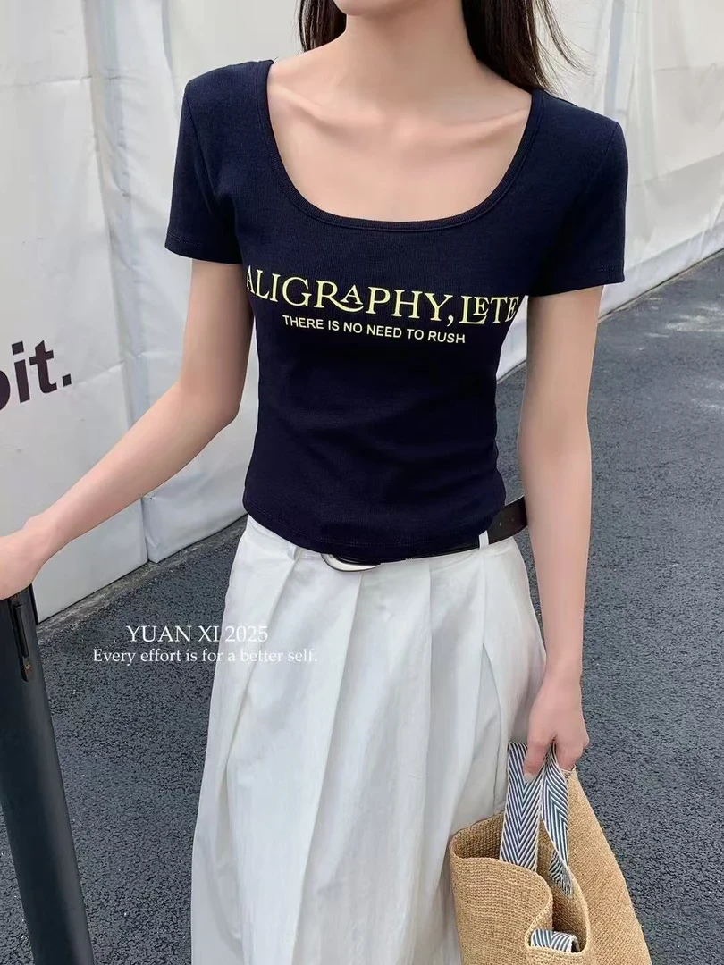 韩版U领字母印花短款短袖夏季女款高腰短T恤打底衫修身方领显瘦女