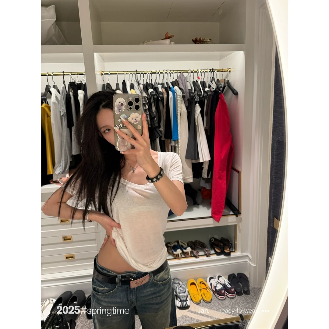 SUNONEONE 大U领宽松T恤女春短袖白色设计感小众显瘦上衣H0846T