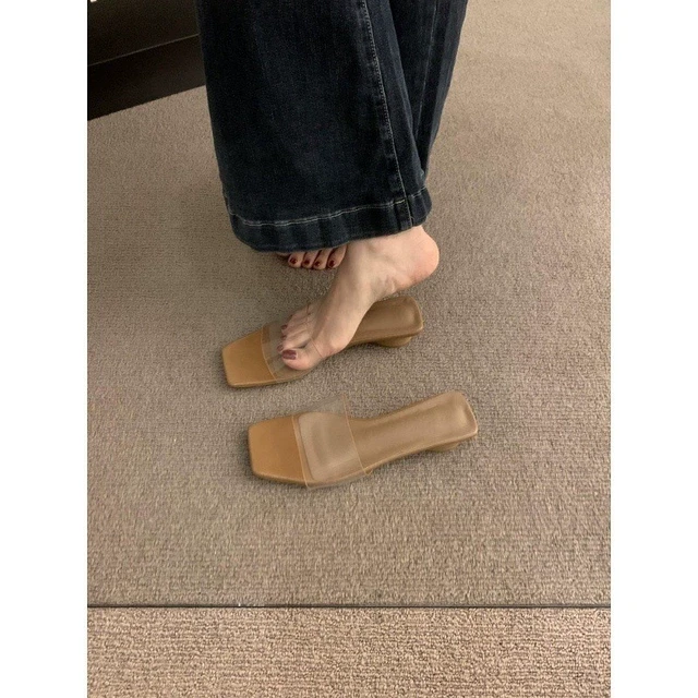 2025年夏季新款法式透明带一字拖鞋女外穿粗跟仙女风凉拖银色凉鞋