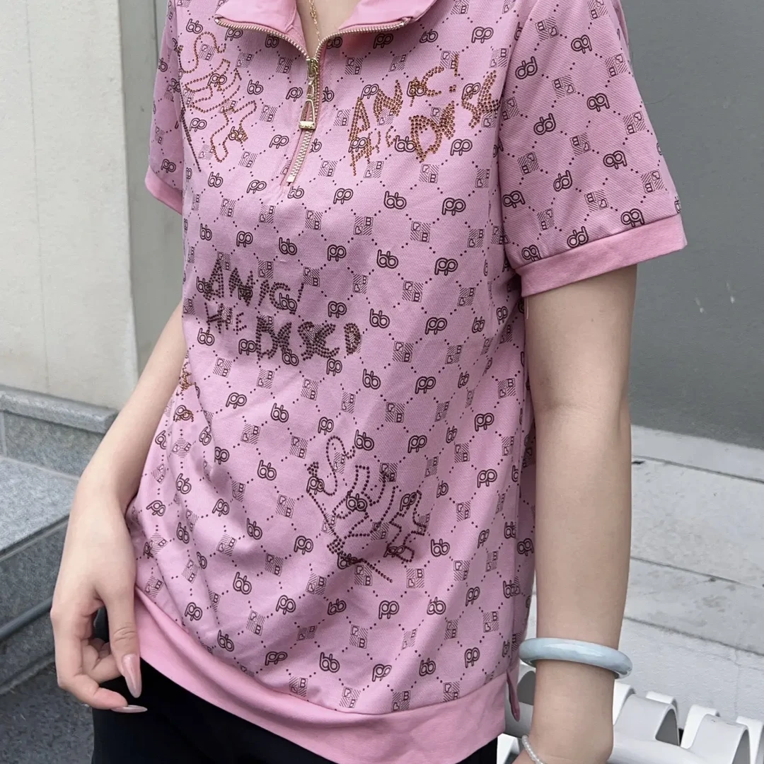 时尚粉色短袖POLO衫童趣卡通图案潮流亮片设计夏季休闲气质减龄