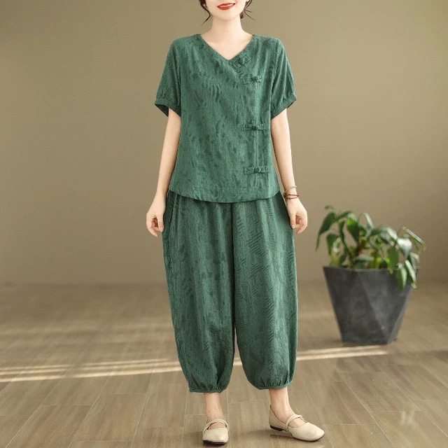 复古棉麻提花套装女夏季2025年新款大码休闲短袖上衣灯笼裤两件套