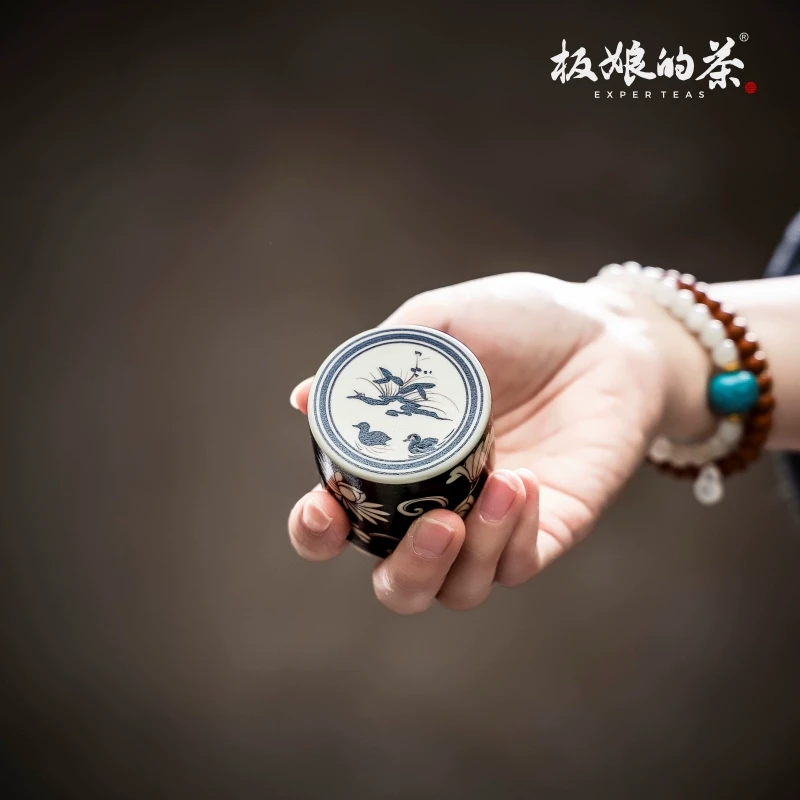 板娘的茶南唐尔雅吉州窑黑底缠枝莲鸳鸯戏水盖置家用