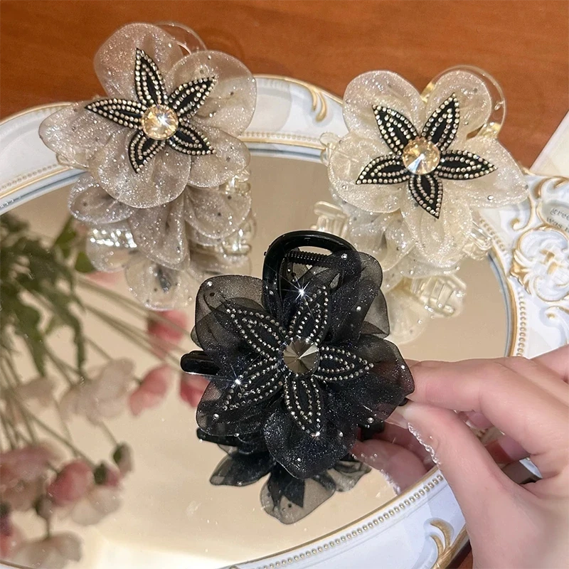 新款优雅bling花朵网纱女用后脑勺马尾鲨鱼夹发饰