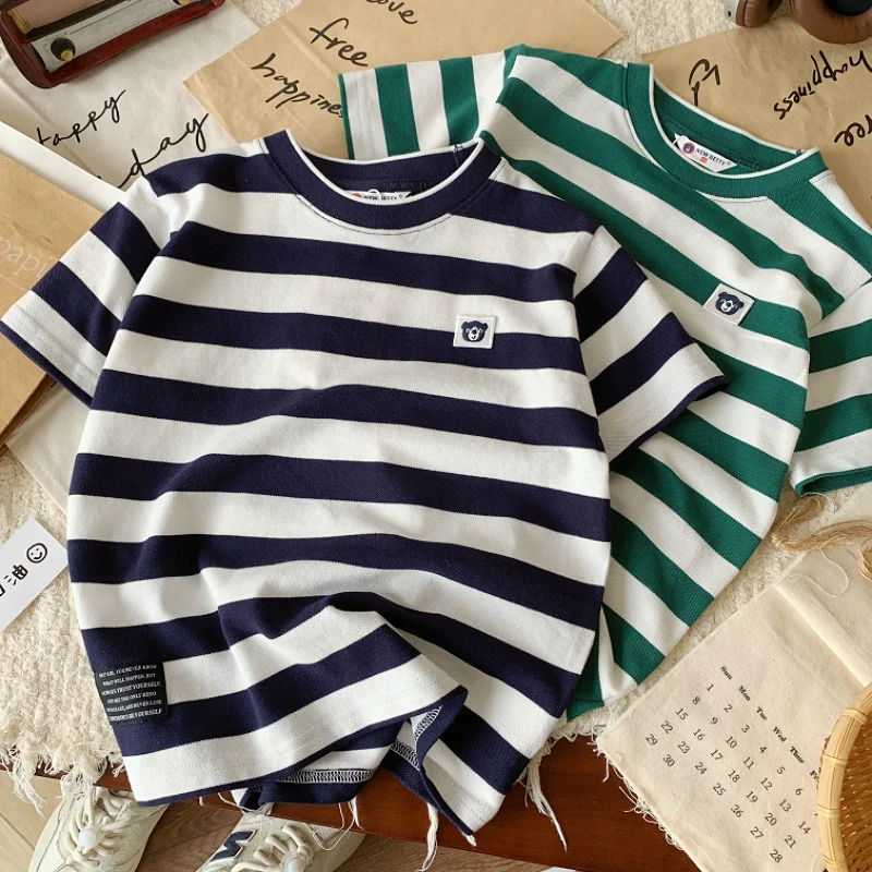 儿童圆领T恤夏季新款男童洋气条纹刺绣上衣男孩休闲百搭短袖潮
