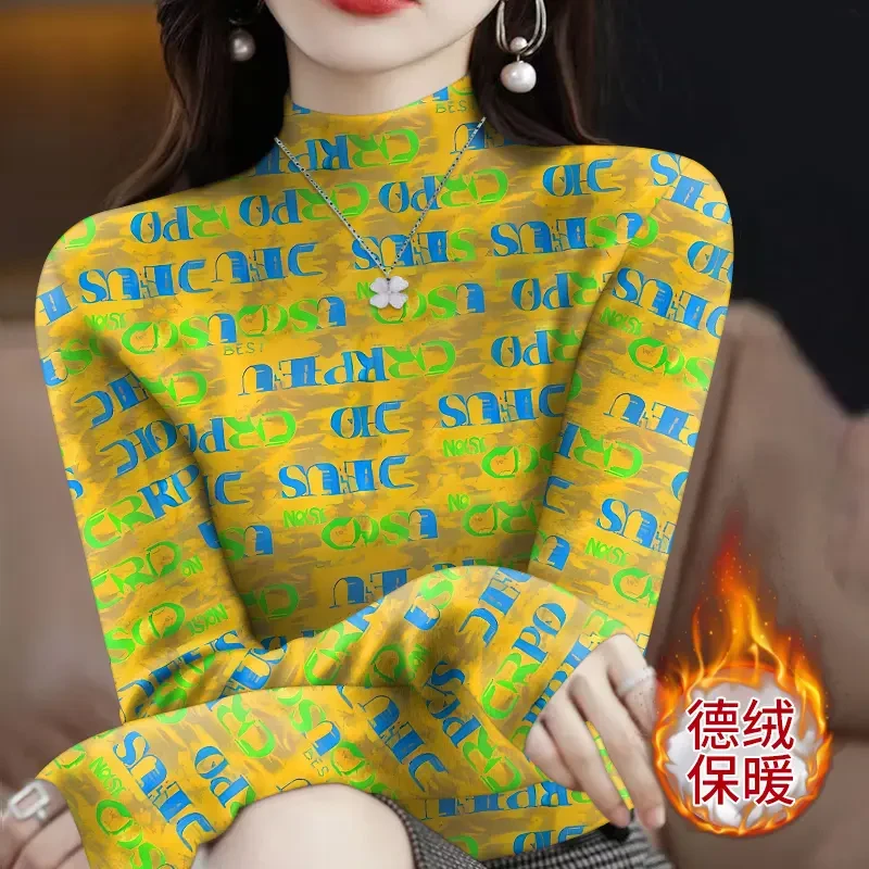 秋冬韩版保暖双面德绒半高领T恤百搭妈妈女装长袖时尚印花打底衫