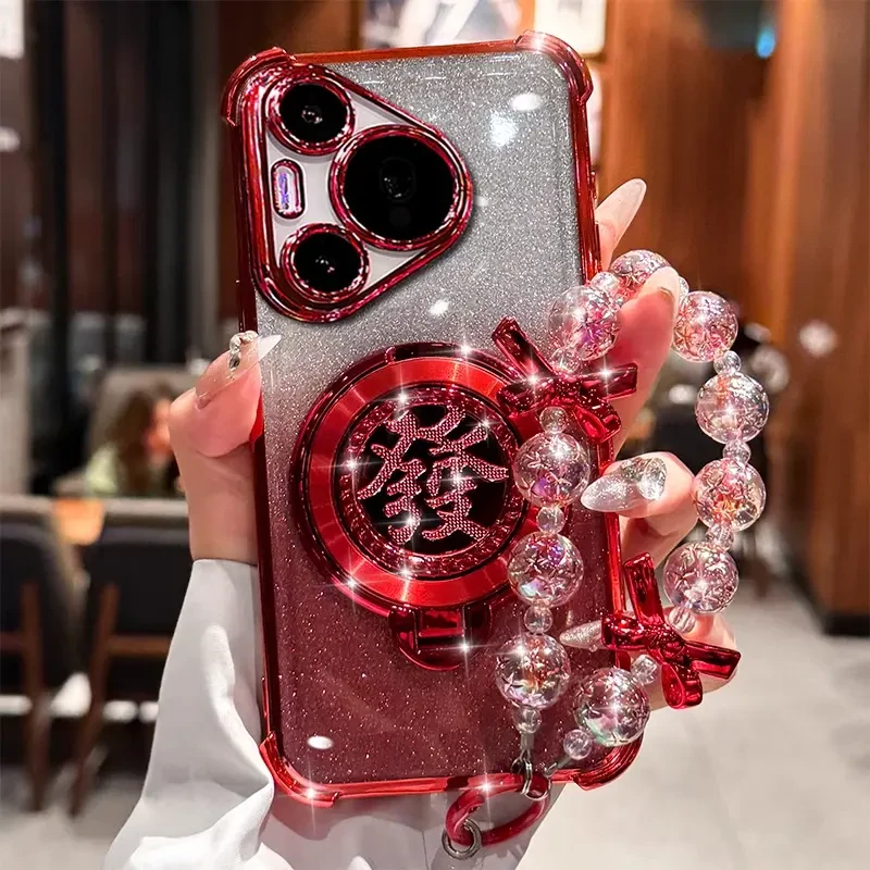 适用华为pura70手机壳新年款p70pro 闪粉红色电镀气囊防摔陀螺支