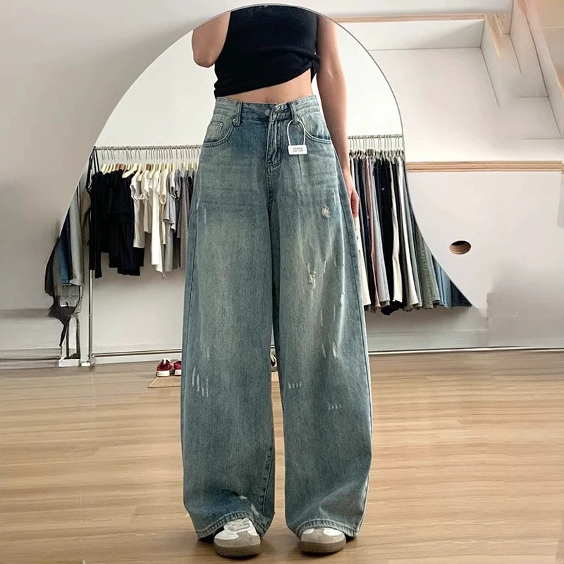 美式复古浅色破洞牛仔裤女夏季新款高腰宽松显瘦直筒阔腿拖地长裤