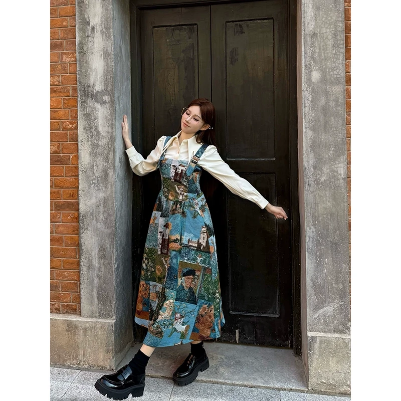 KEIKO 复古提花油画风背带连衣裙2025早春法式收腰显瘦吊带长裙子