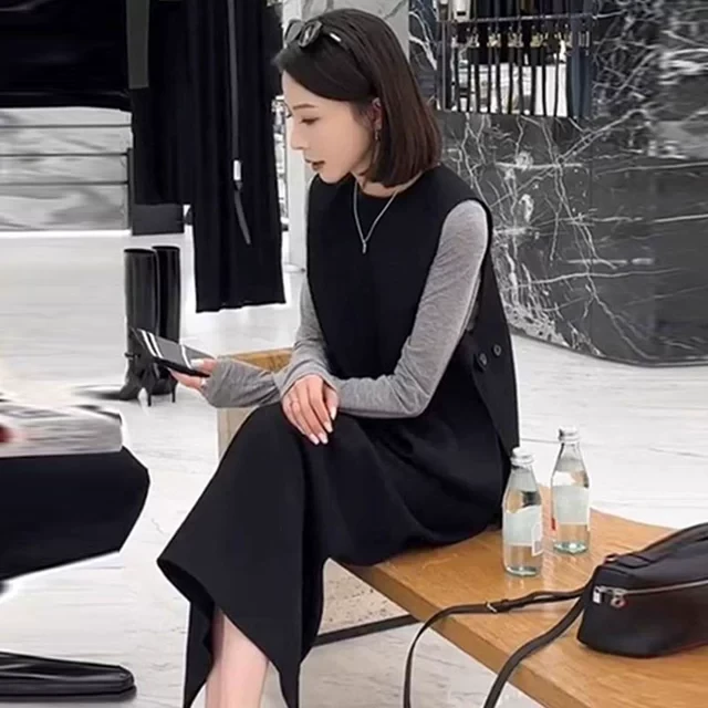 春装搭配一整套时尚高级感百搭简约无袖马甲女遮肉显瘦直筒半身裙