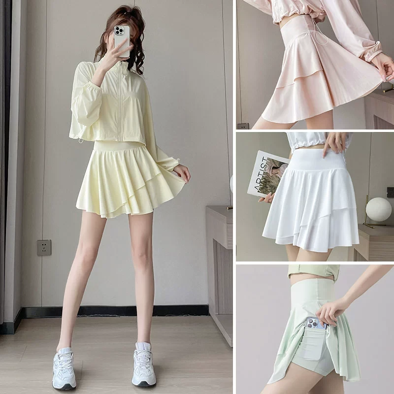 夏季2025新款网球服套装运动短裙女瑜伽羽毛球冰丝速干百褶半身裙