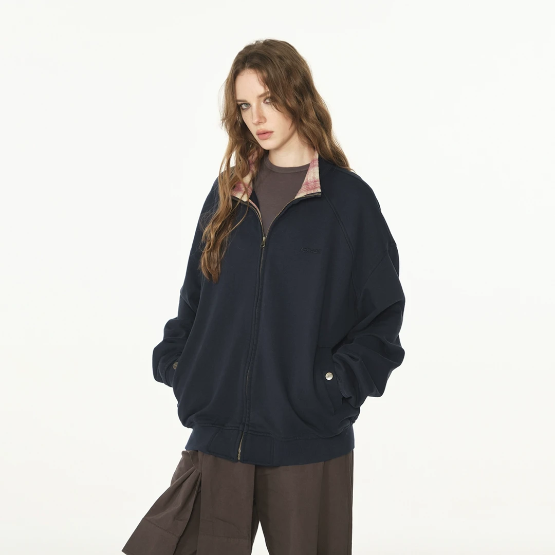 FORNINES重磅水洗纯棉拼接格子立领卫衣男女潮牌春季美式复古外套