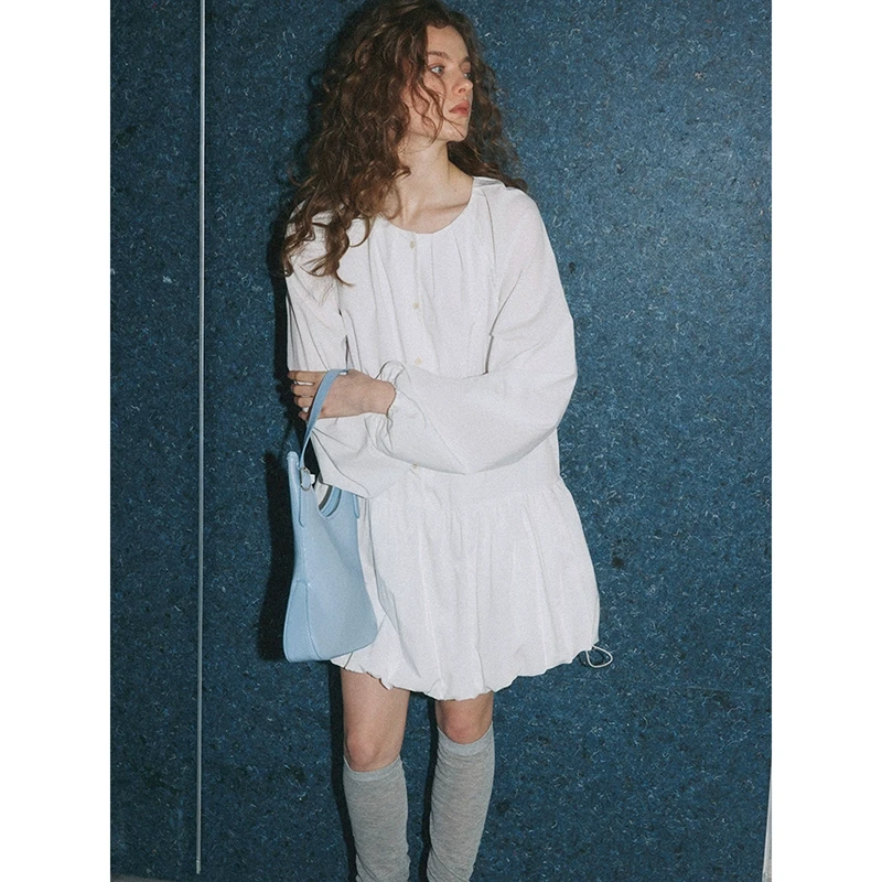 popchrio◆法式泡泡灯笼长袖花苞衬衫连衣裙蕾丝花边A字长裙子女