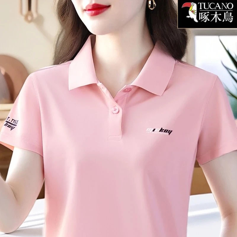 啄木鸟~时尚妈妈翻领短袖纯棉T恤女2025夏季新款百搭印花宽松上衣