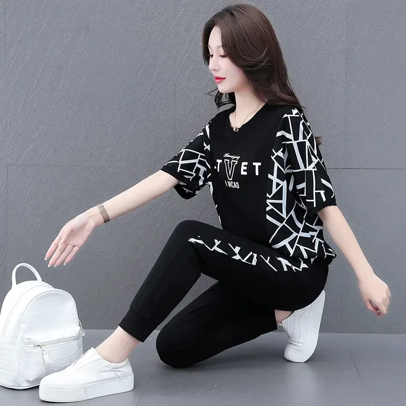 F224新款夏季冰丝休闲妈妈运动套装女两件套时尚宽松薄款显瘦大码