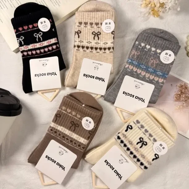 女士秋冬保暖民族风费尔岛中筒女袜透气百搭新款5双