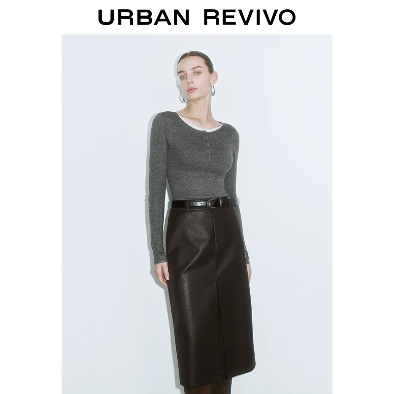 UR2025春季新款女装欧若风格雷系撞色假两件修身针织衫UWJ950011