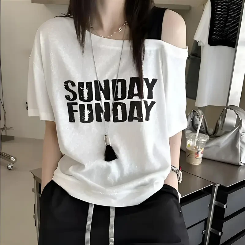 千朔【直播专享】夏季斜肩吊带撞色字母印花T桖时尚宽松显瘦短袖