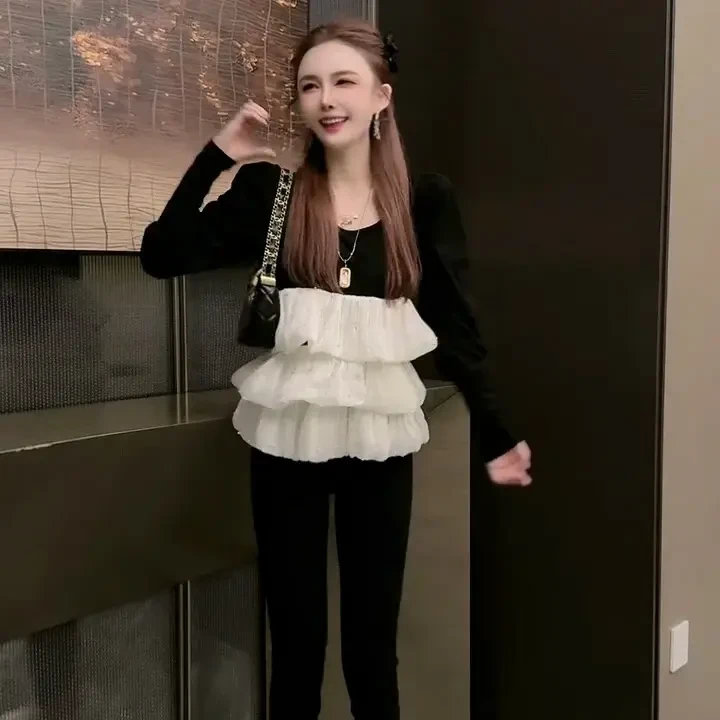 法式高级感泡泡袖金丝绒拼接钉珠荷叶边秋季收腰衬衫女