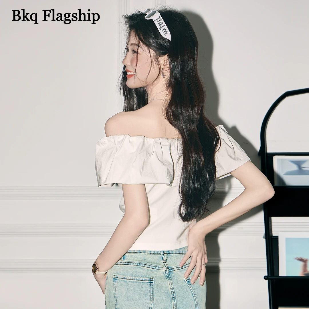 荷叶边短袖T恤女2025夏季新款设计感一字肩修身露肩短款上衣