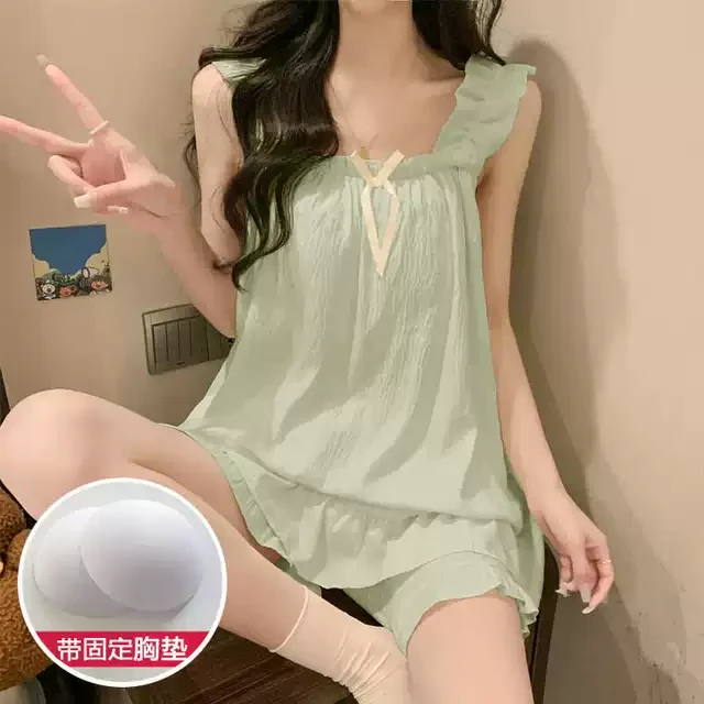 裤带夏天公主睡衣无袖短吊带套装垫甜美胸女织棉梭风浅绿家居服薄