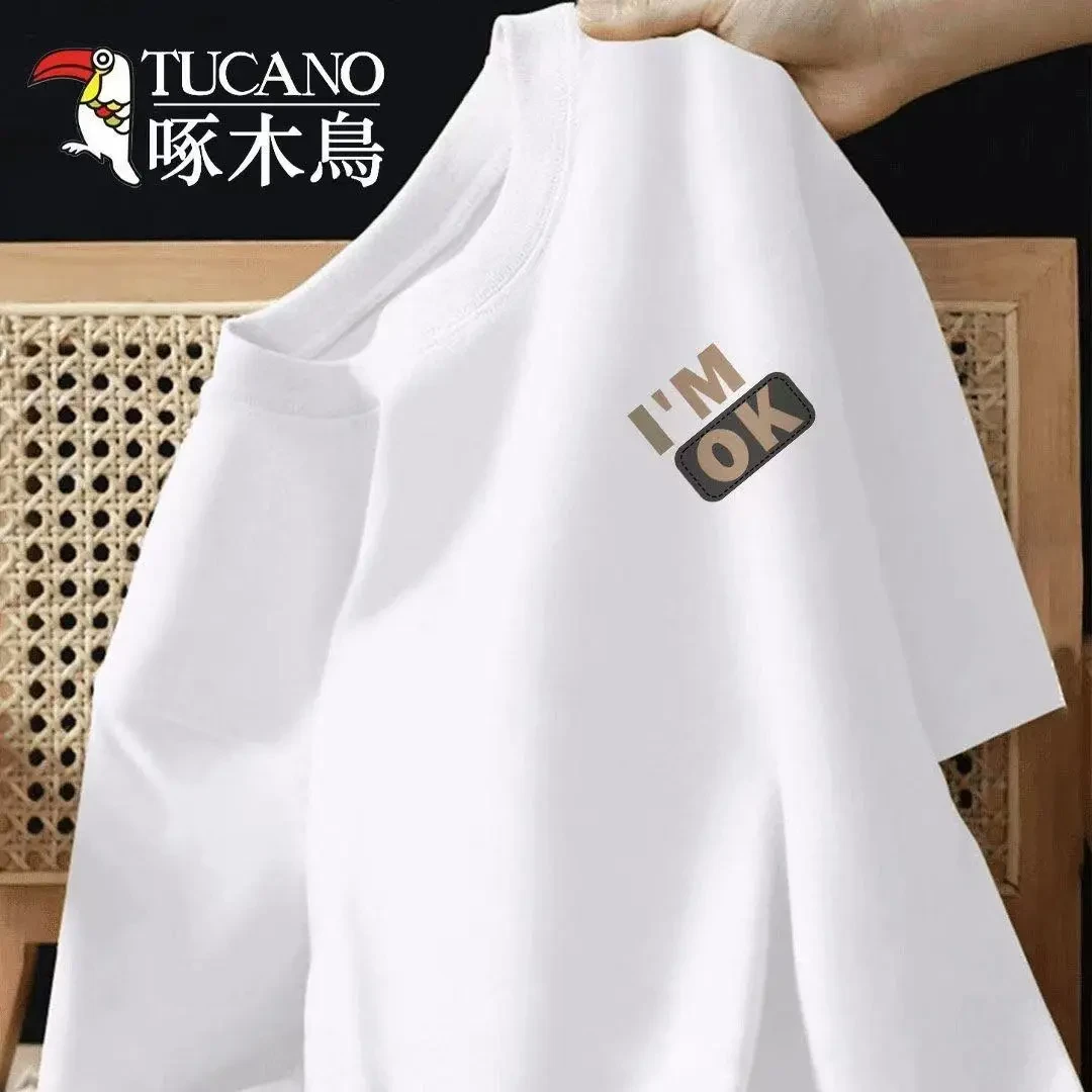 啄木鸟纯棉短袖T恤男士2025夏季新款休闲宽松圆领体恤衫印花上衣t