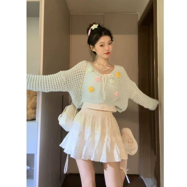 七分糖多巴胺星星镂空毛衣开衫女秋短款针织衫吊带蛋糕裙三件套