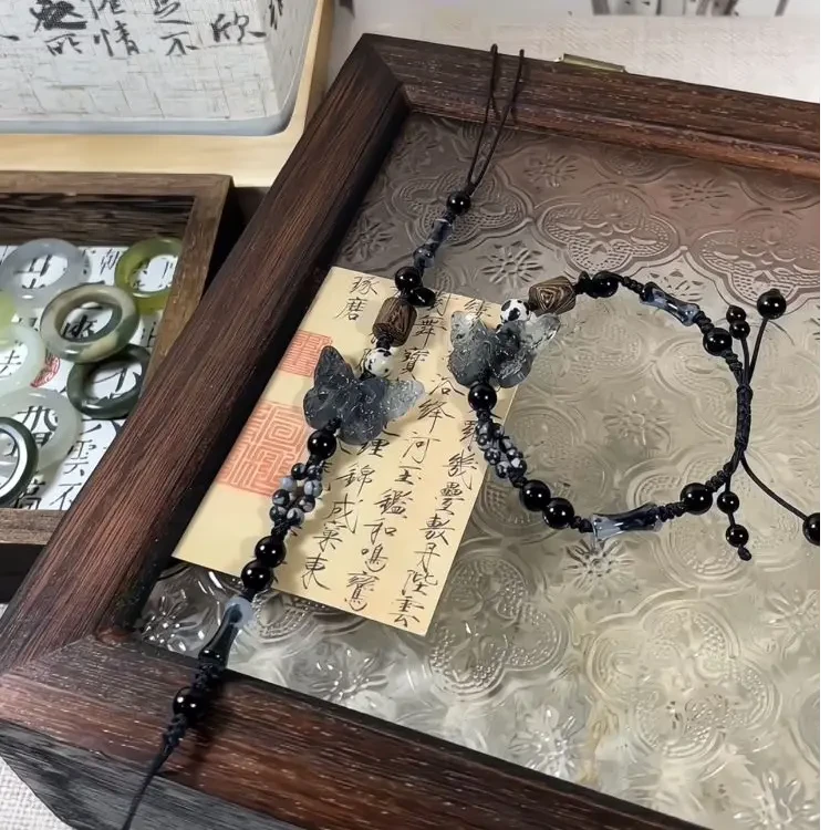 非金属树脂手链 新中式水墨蝴蝶手链编制串珠手串小众设计ins高级