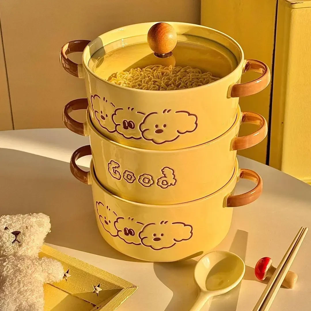 三小狗泡面碗带盖学生宿舍用方便面碗饭碗双耳陶瓷汤碗FF