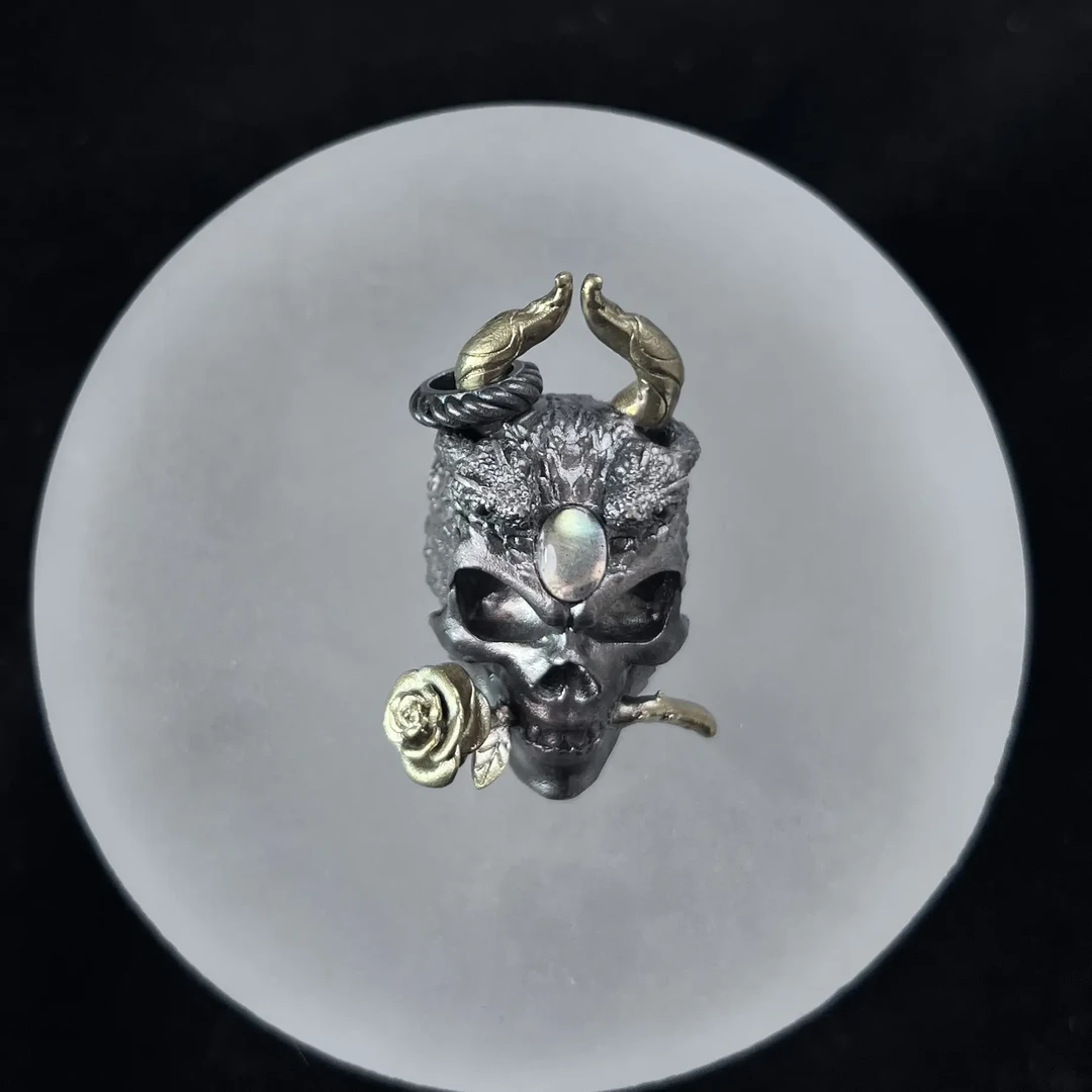 925银银制品 小众镶嵌个性骷髅玫瑰吊坠