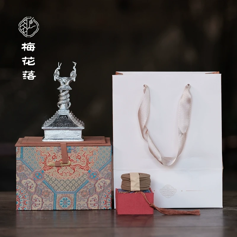 梅花落伏羲女娲图纯锡香插香座盘香人物摆件禅道香薰炉摆件杨峰峪