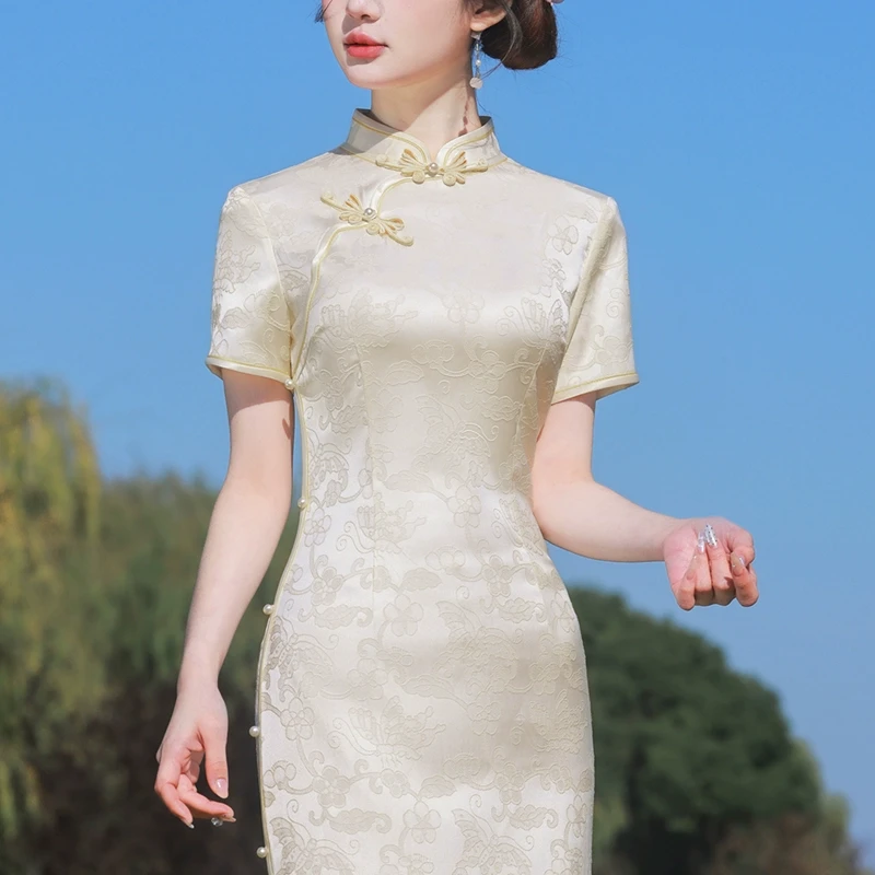高端新中式绝美旗袍民国风2025新款老上海日常可穿晚礼服杏色长裙