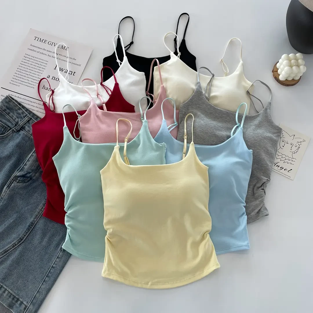 新款纯欲甜辣设计感褶皱吊带背心女外穿内搭带胸垫修身美背上衣夏