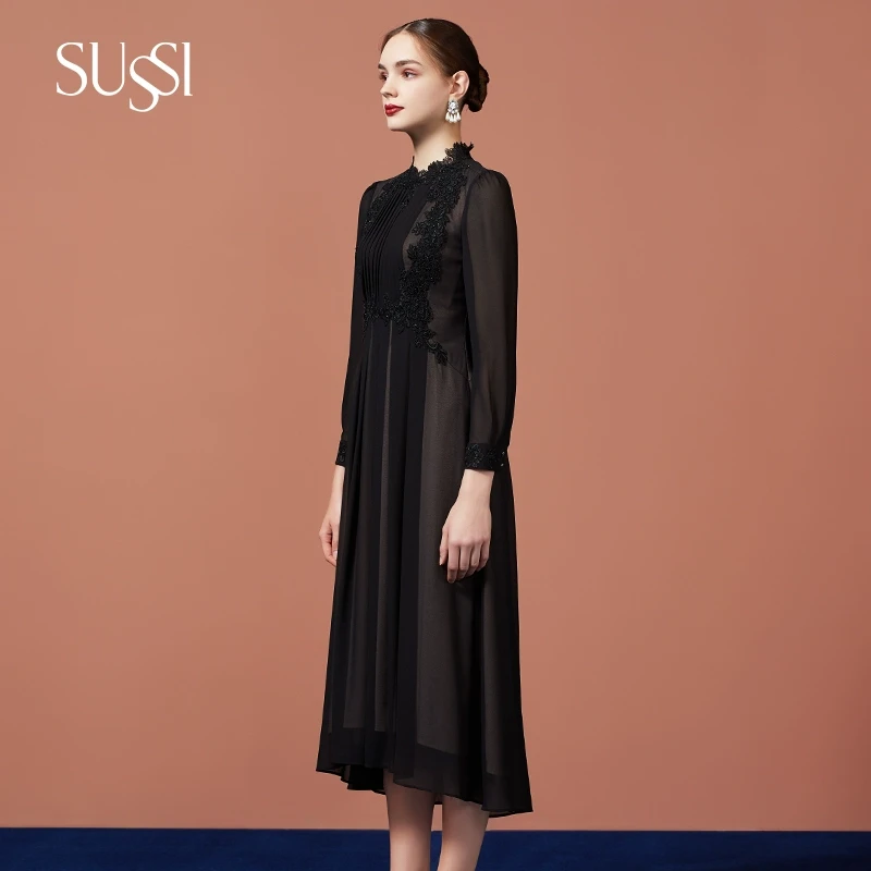 SUSSI/古色24秋冬商场同款黑色X型经典刺绣收腰连衣裙女