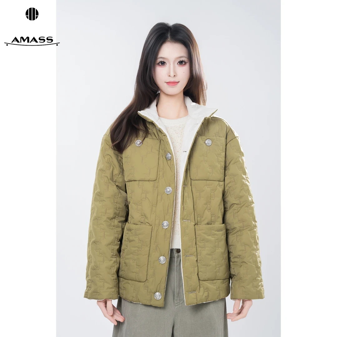 AMASS/阿玛施新中式国潮风保暖黑色绗缝冬季女加厚休闲棉服540100