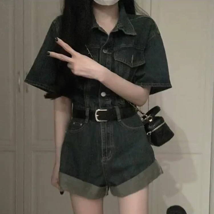 甜酷牛仔连体裤卷边短裤女夏季复古收腰显瘦阔腿裤连衣裤套装