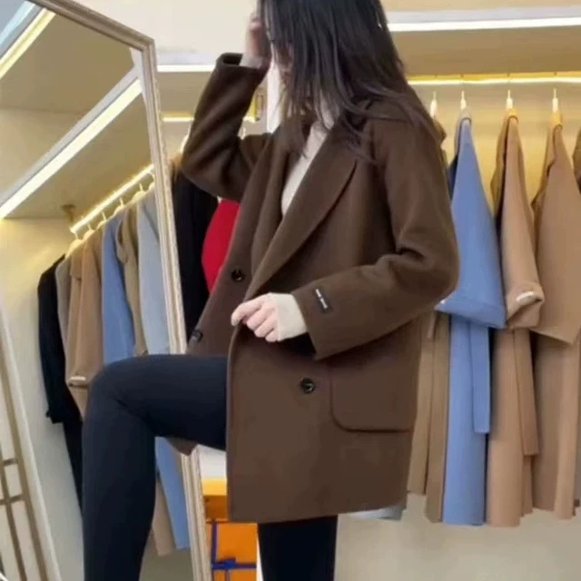 西装领双面羊绒大衣女短款2025年新款秋冬韩版咖啡色宽松毛呢外套