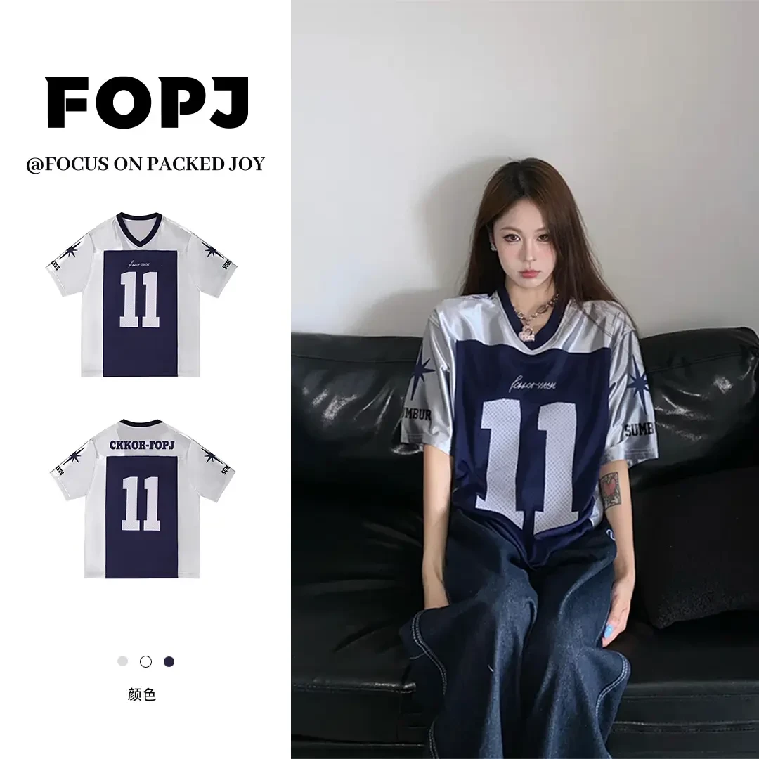 FOPJ夏季美式运动风印花短袖T恤时尚潮流V领半袖宽松透气上衣ins