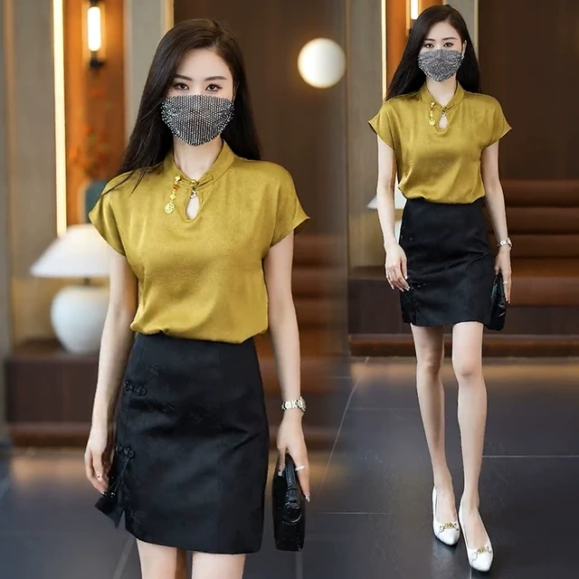 新中式国风时尚套装裙子女夏季新款气质盘扣缎面衬衫半身裙两件套