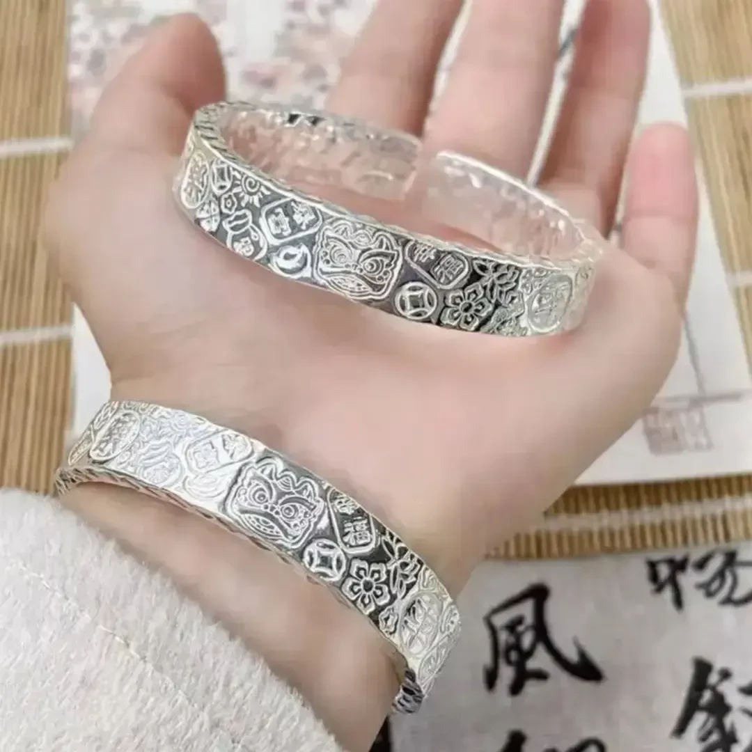 足银手镯 三面吉言纯银手镯男女实心开口纯手工招财猫999.9银镯子