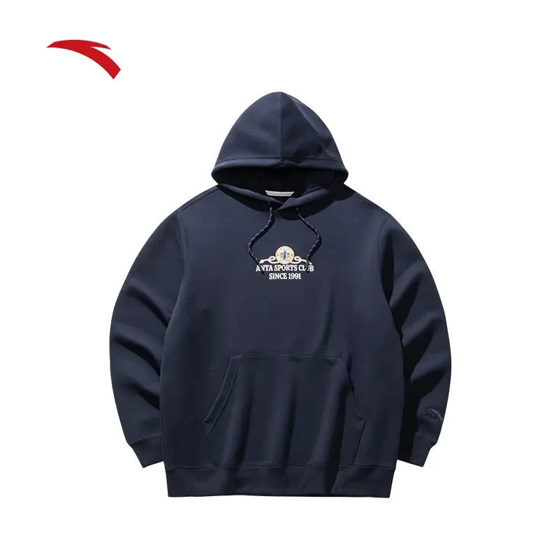 安踏休闲针织连帽卫衣男冬季新款美式立体刺绣百搭宽松套头上衣