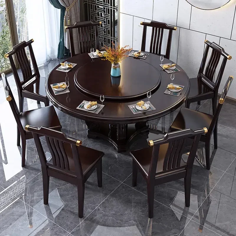 新中式实木餐桌椅组合带转盘10人电磁炉大圆桌家用圆形酒店吃饭桌
