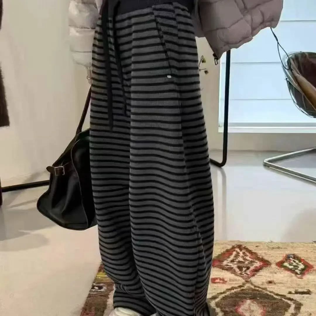 冬季时尚显瘦高腰加绒撞色条纹阔腿弯刀裤