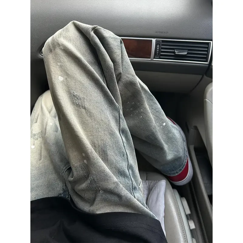 美式高街vibe风裤子男款春秋设计感泼墨牛仔裤潮牌美美式高街微喇