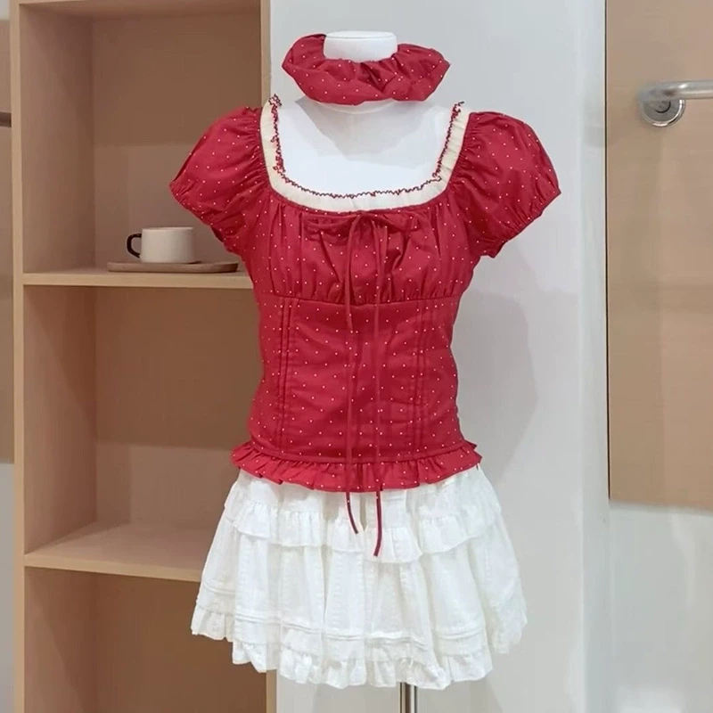 【6625】大码女装胖mm红色波点短袖衬衫女夏季甜美气质蕾丝花边上衣