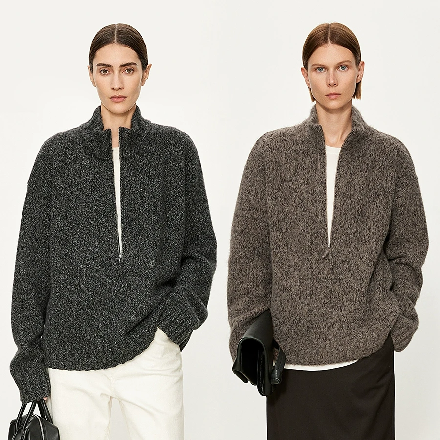 JOC重磅花纱纯羊绒/Baby牦牛绒羊驼 叠穿半拉链POLO廓形毛衣